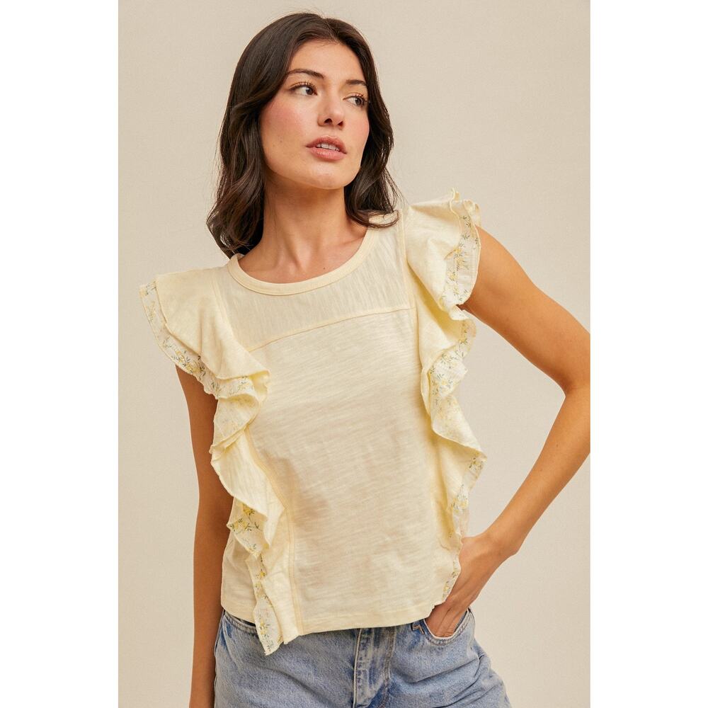 Daisy Print Contrast Flutter Ruffle Top - Picture 2 of 3